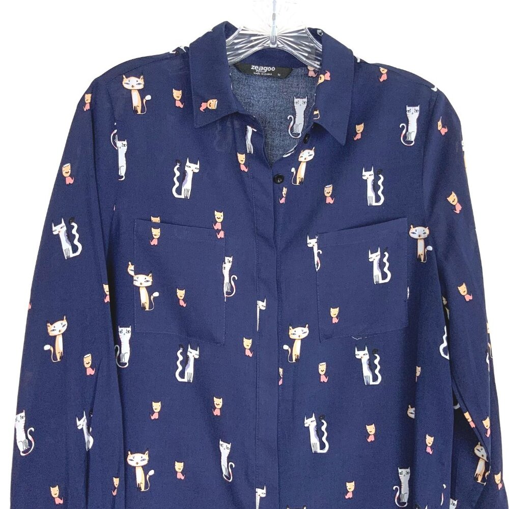 Whimsical Cat Print Navy Button Down Rayon/Viscose Shirt Blouse Sz M - Picture 8 of 16